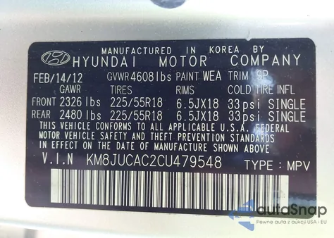 2012 Hyundai Tucson Limited z USA, uszkodzony, nr VIN KM8JUCAC2CU479548